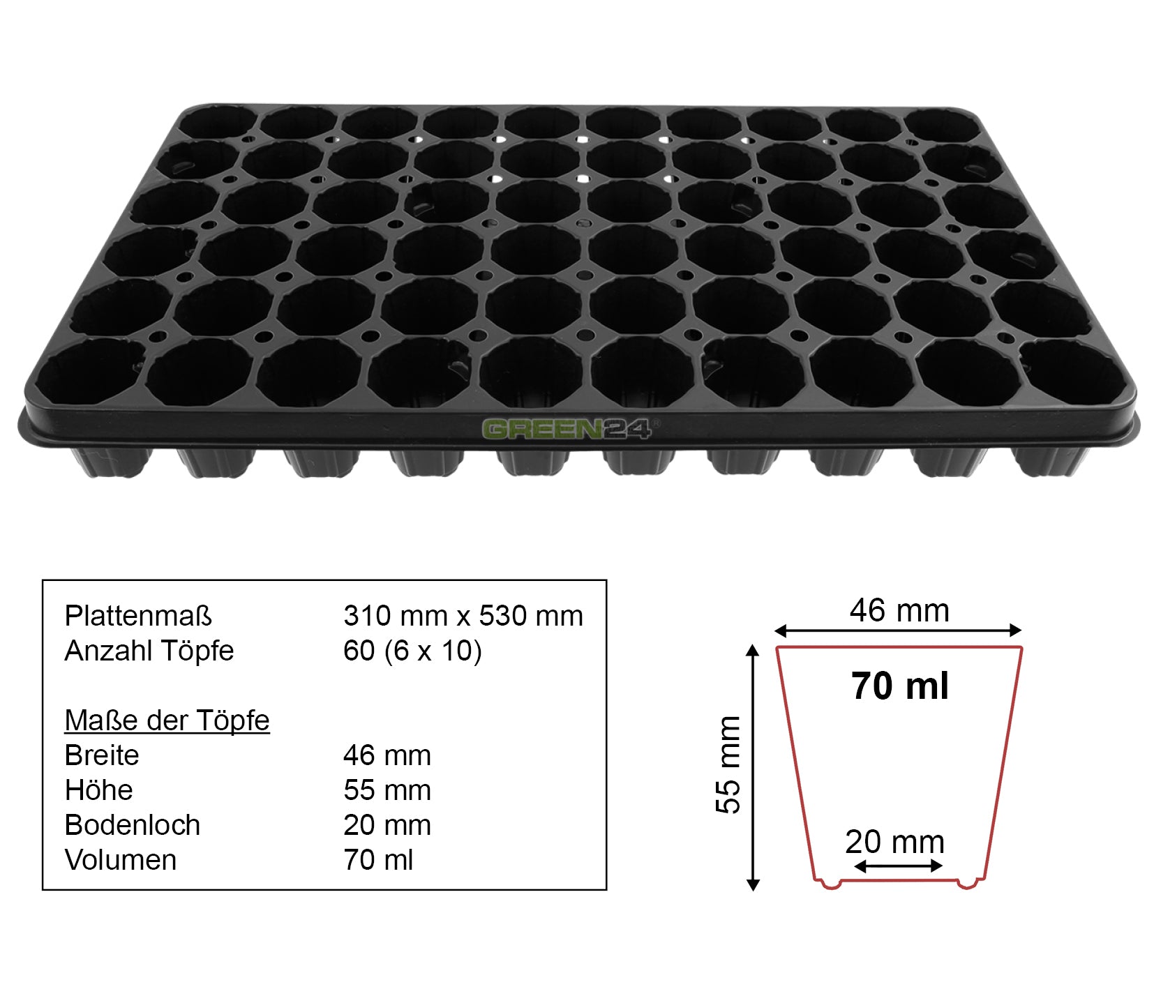 Pro60 60-cell tray with dimension diagram and stated cell volume of 70 ml