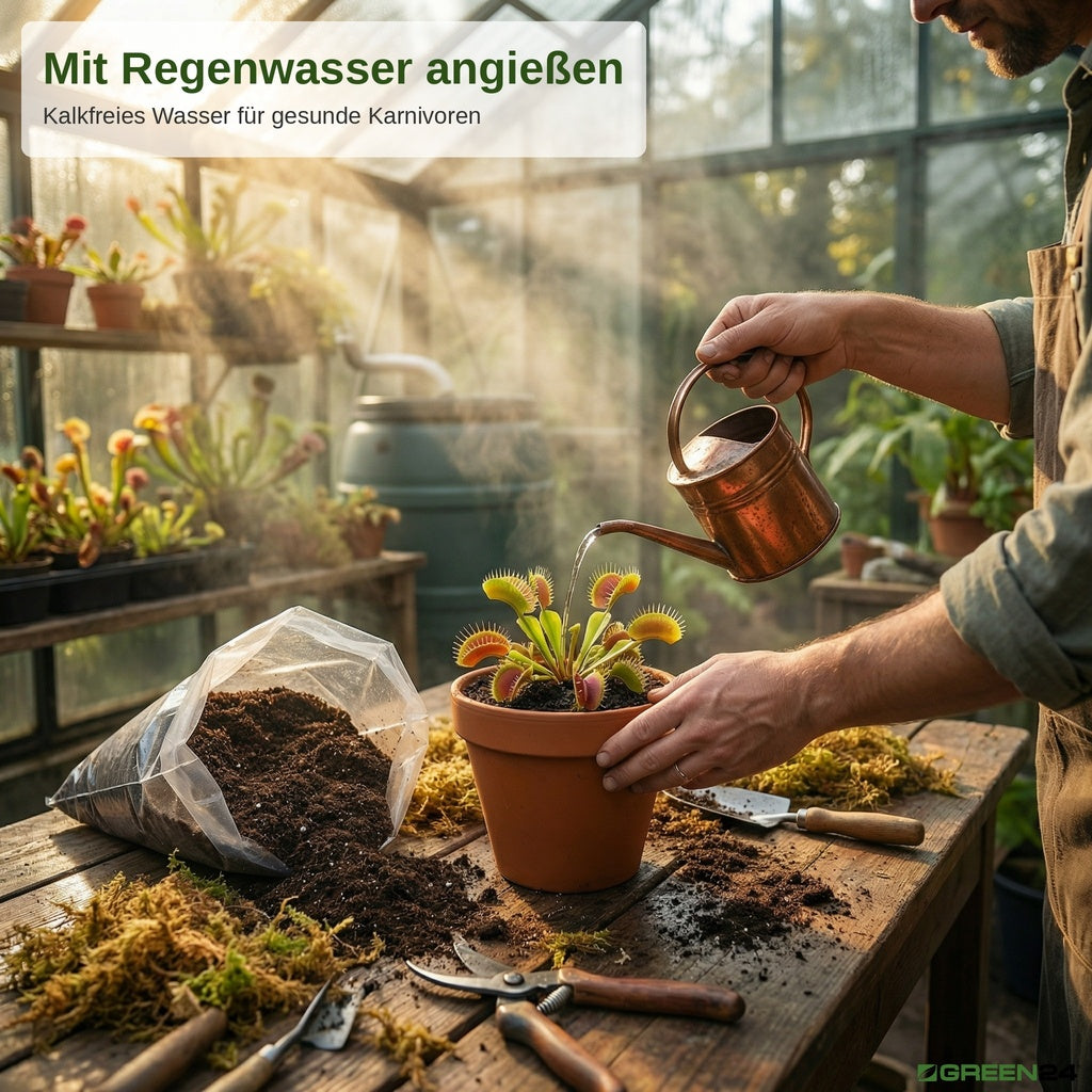 Angießen einer Venusfliegenfalle im Topf mit Regenwasser