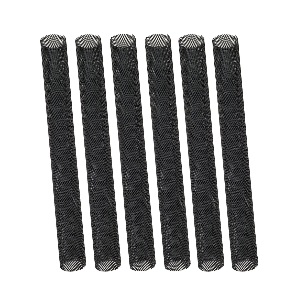 Sechs schwarze Mesh-Baumschutzmanschetten auf Weiß