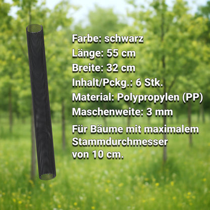 Mesh-Baumschutz mit grafischen Maß- und Materialangaben