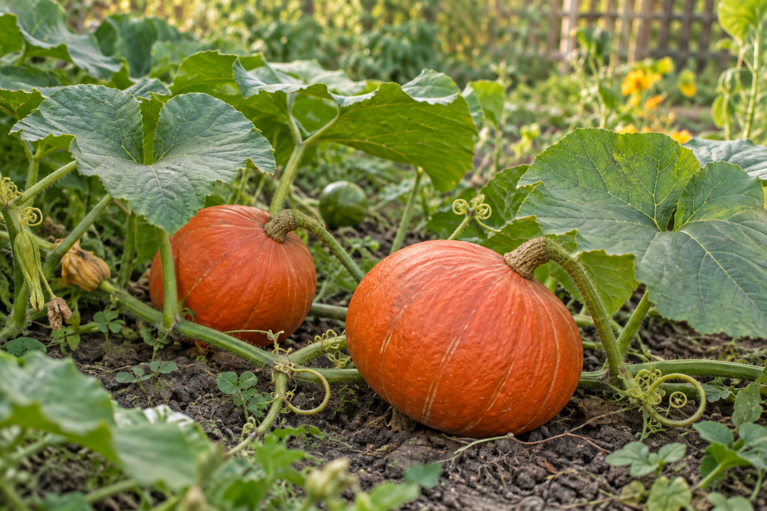 Pumpkins with attached fruit stalks in a garden bed; decorative example