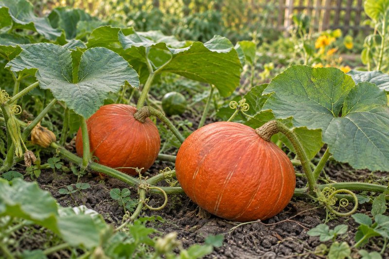 KI-generierte Gartenszene: orange Kürbisse zwischen Blättern und Ranken