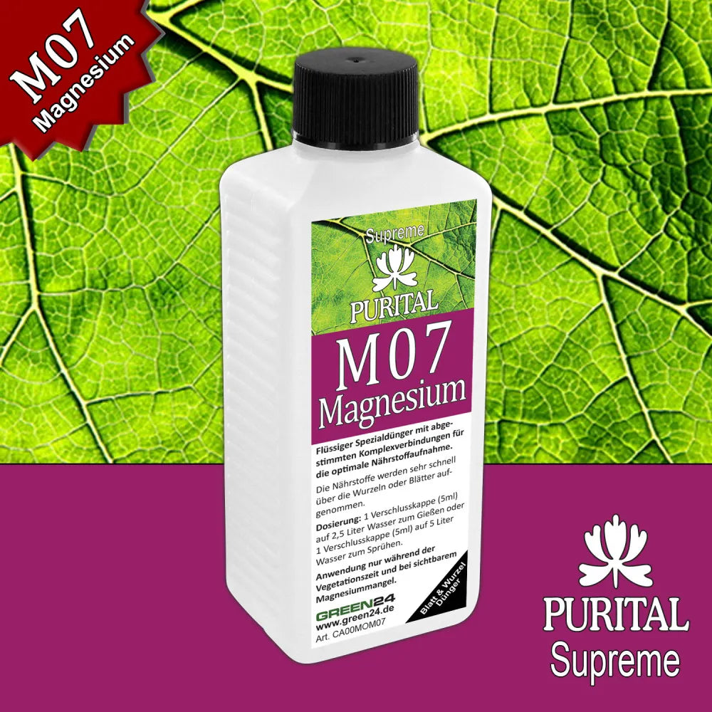 Purital M07 magnesium fertiliser, 250 ml bottle against a green leaf background