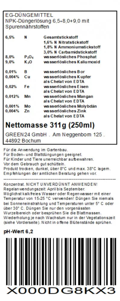 Rosendünger Blütentraum – Original-Rücketikett 250 ml Deutsch