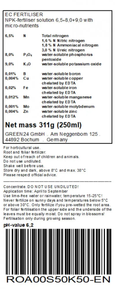 Rosendünger Blütentraum – Original-Rücketikett 250 ml Englisch