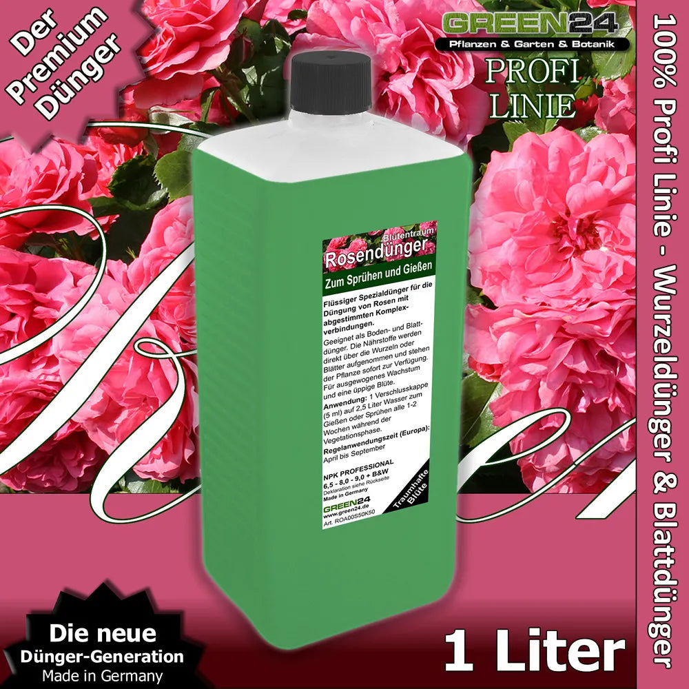 Originales Rosen-Dünger-Produktbild 1 Liter vor Rosenblüten