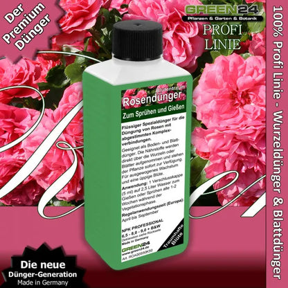 Rosendünger Blütentraum 250 ml vor Rosenblüten