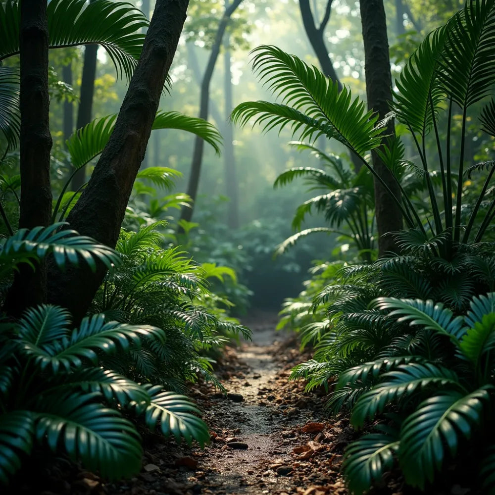 Illustrative scene of tropical foliage plants and palms