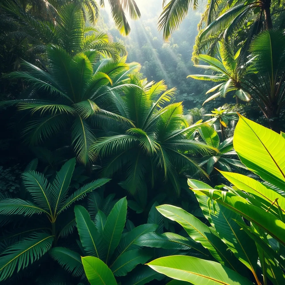 Illustrative scene of tropical foliage plants and palms