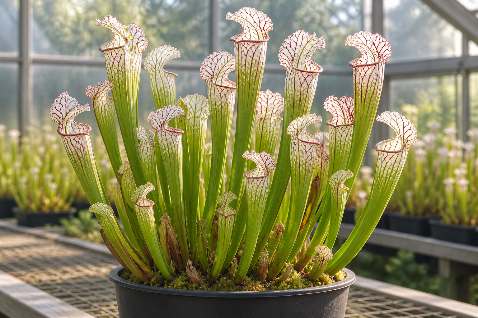 White, red-veined Sarracenia pitchers in a pot