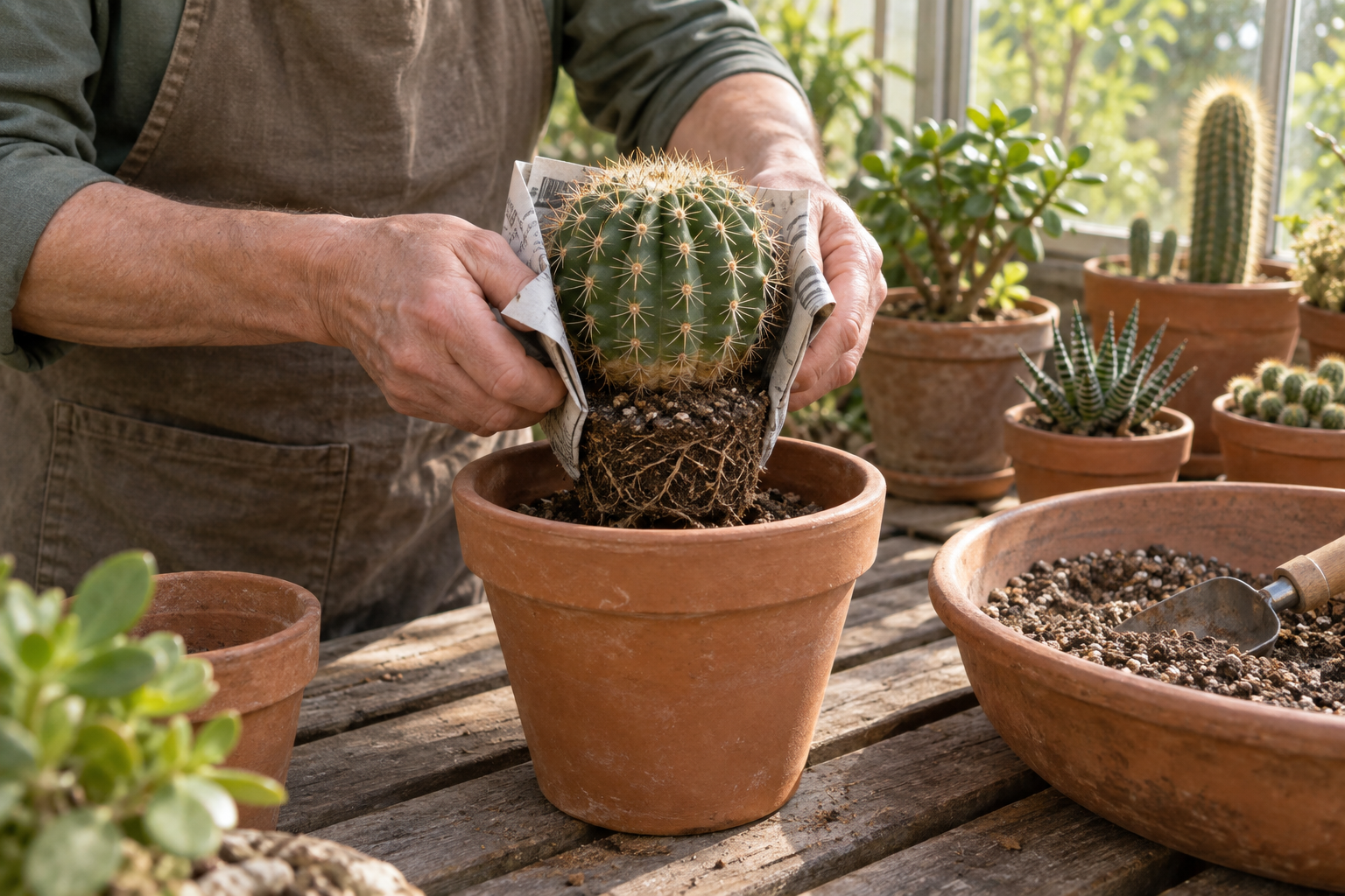 A cactus supported with a protective paper band is lowered with its root ball into a pot.