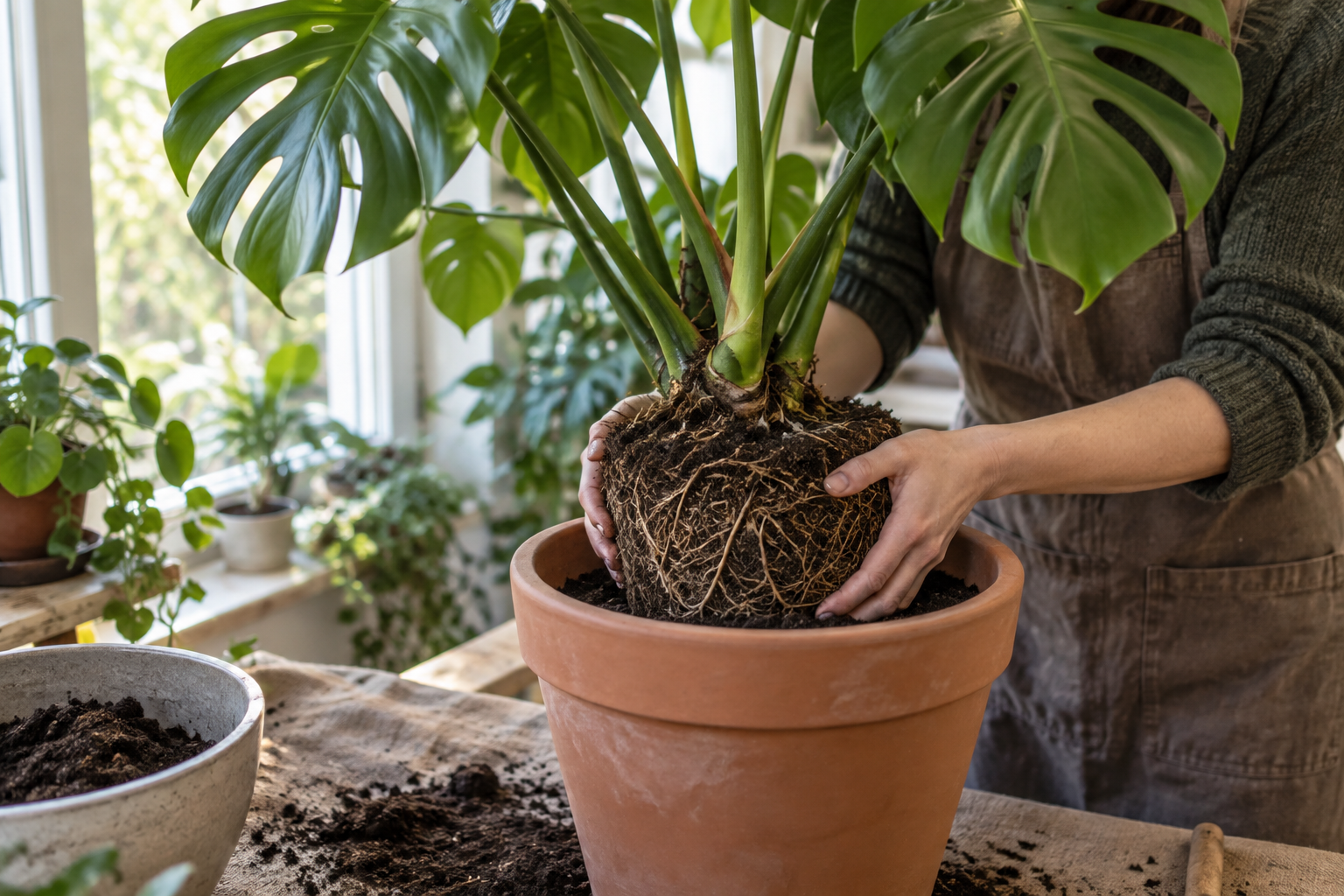 Hände setzen eine Monstera behutsam in einen vorbereiteten Topf ein.