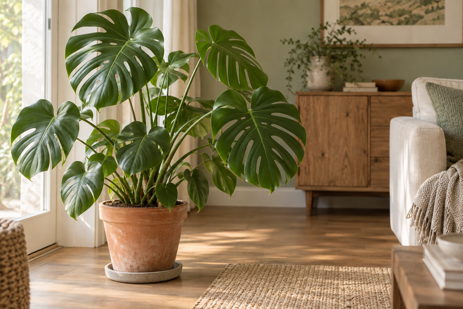 Monstera im Pflanzgefäß an einem hellen Wohnraumstandort.