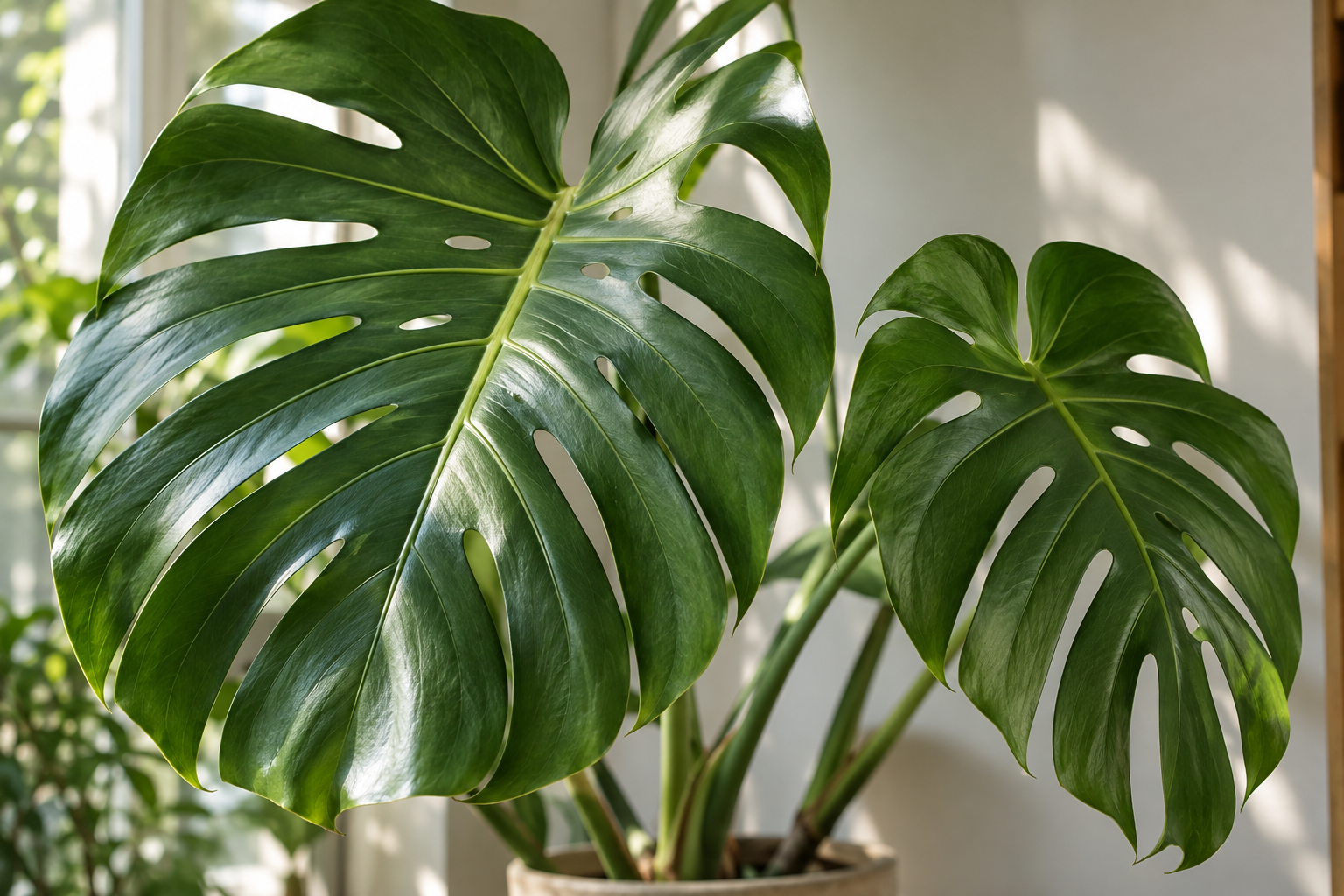 Monstera-Blätter im natürlichen Fensterlicht.