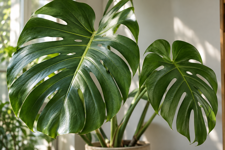 Two large glossy green Monstera leaves with deep splits and oval openings in window light.