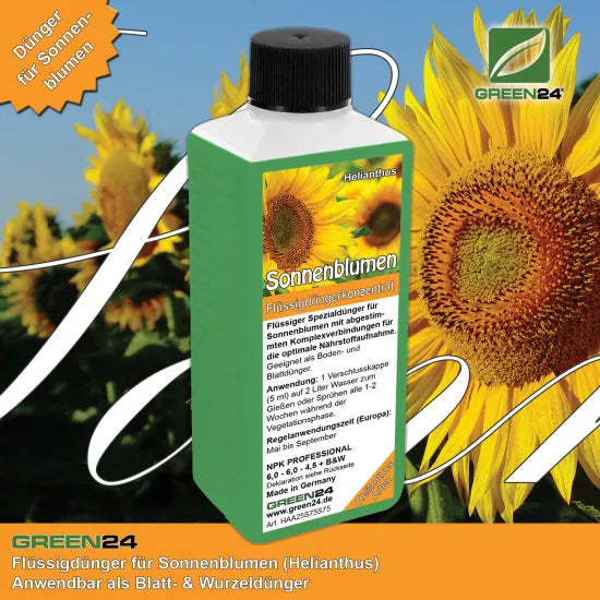 Sonnenblumen-Dünger 250 ml vor Helianthus-Blüten
