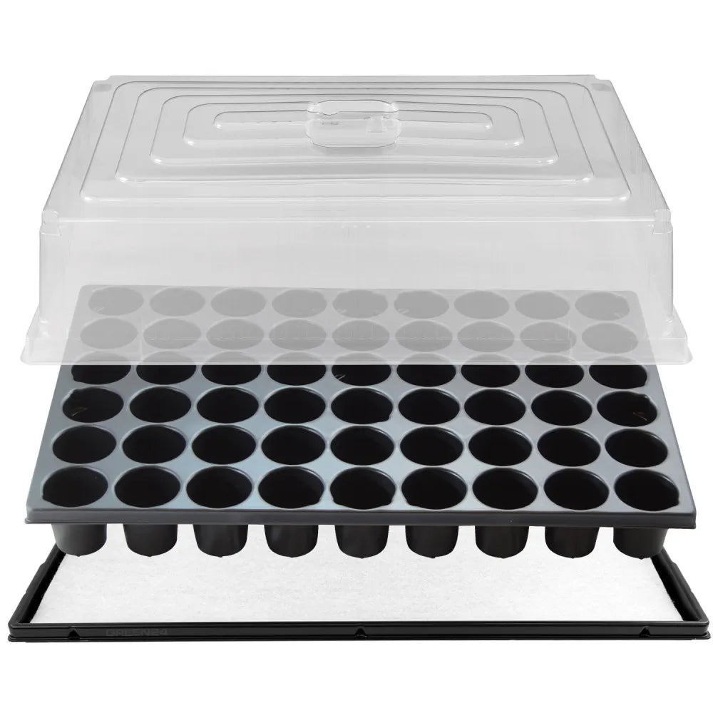 STP QP 54R: cell tray above white capillary mat and base tray with a transparent cover above