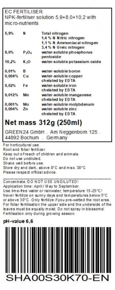 Strelitzien-Dünger: englisches Originaletikett mit Deklaration, Anwendung und Lagerung.