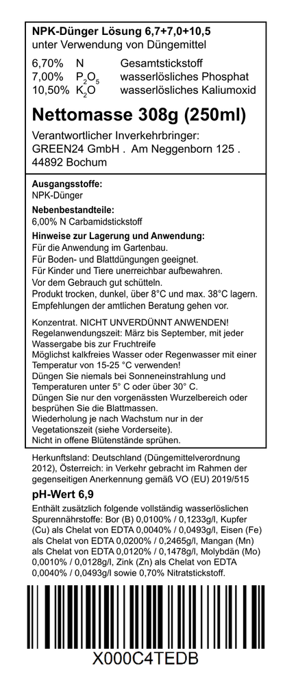 GREEN24 Tomaten-Dünger 250 ml – vollständiges deutsches Rücketikett mit Deklaration und Anwendungshinweisen.