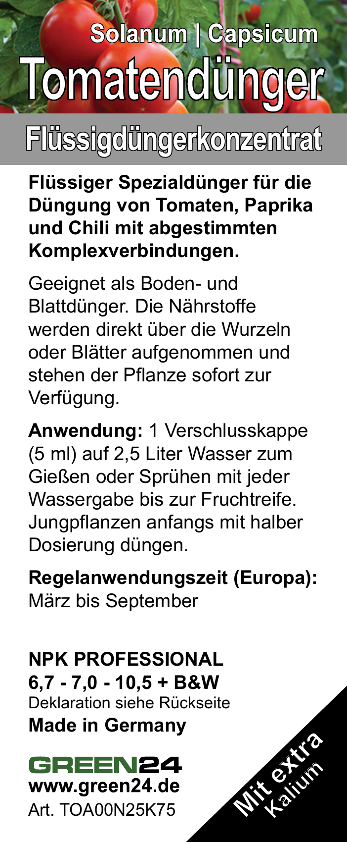 GREEN24 Tomaten-Dünger 250 ml – vollständiges deutsches Vorderetikett.