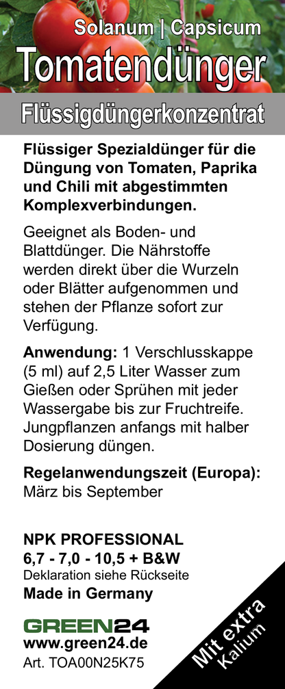 GREEN24 Tomaten-Dünger 250 ml – vollständiges deutsches Vorderetikett.