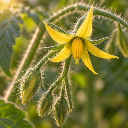 Gelbe Tomatenblüte mit Knospen und fein behaartem Stiel in Nahaufnahme.