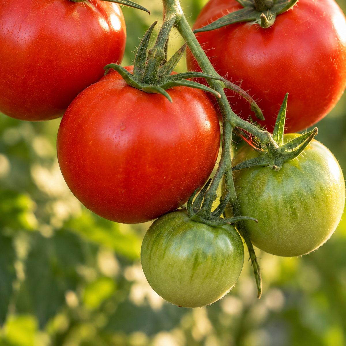 Rote und grüne Tomaten mit grünen Kelchen in Nahaufnahme.