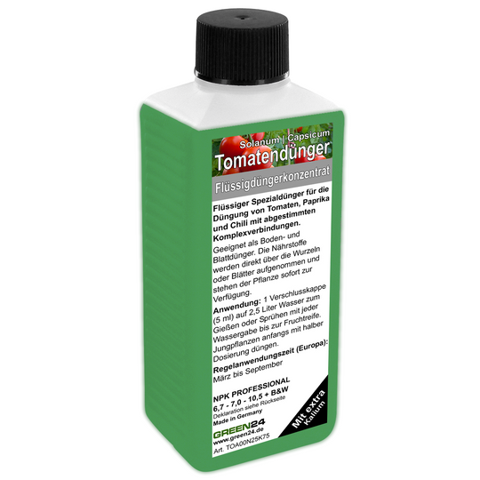 GREEN24 Tomaten-Dünger 250 ml – Herstelleroriginal der Flasche mit Vorderetikett.