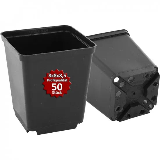 Originalansicht des quadratischen Anzuchttopfs 8 × 8 × 8,5 cm von oben und unten; Abbildung der 50-Stück-Packung.