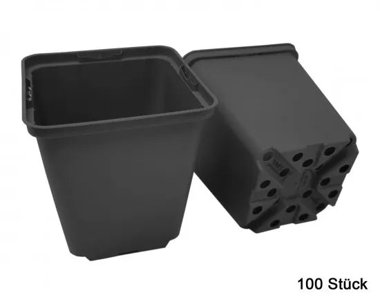 Originalansicht des quadratischen Anzuchttopfs 9 × 9 × 9,5 cm von oben und unten; Abbildung der 100-Stück-Packung.