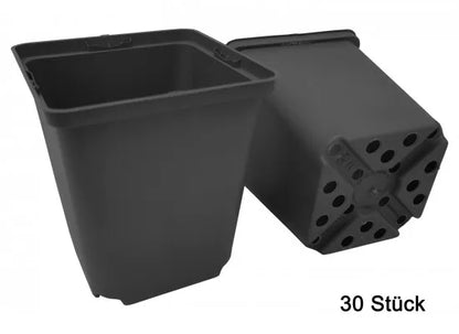 Originalansicht des quadratischen Anzuchttopfs 11 × 11 × 12 cm von oben und unten; Abbildung der 30-Stück-Packung.