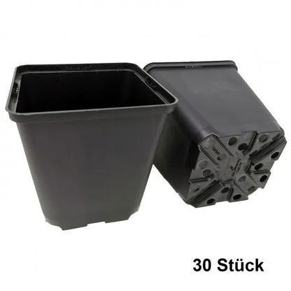 Originalansicht des quadratischen Anzuchttopfs 13 × 13 × 13 cm von oben und unten; Abbildung der 30-Stück-Packung.