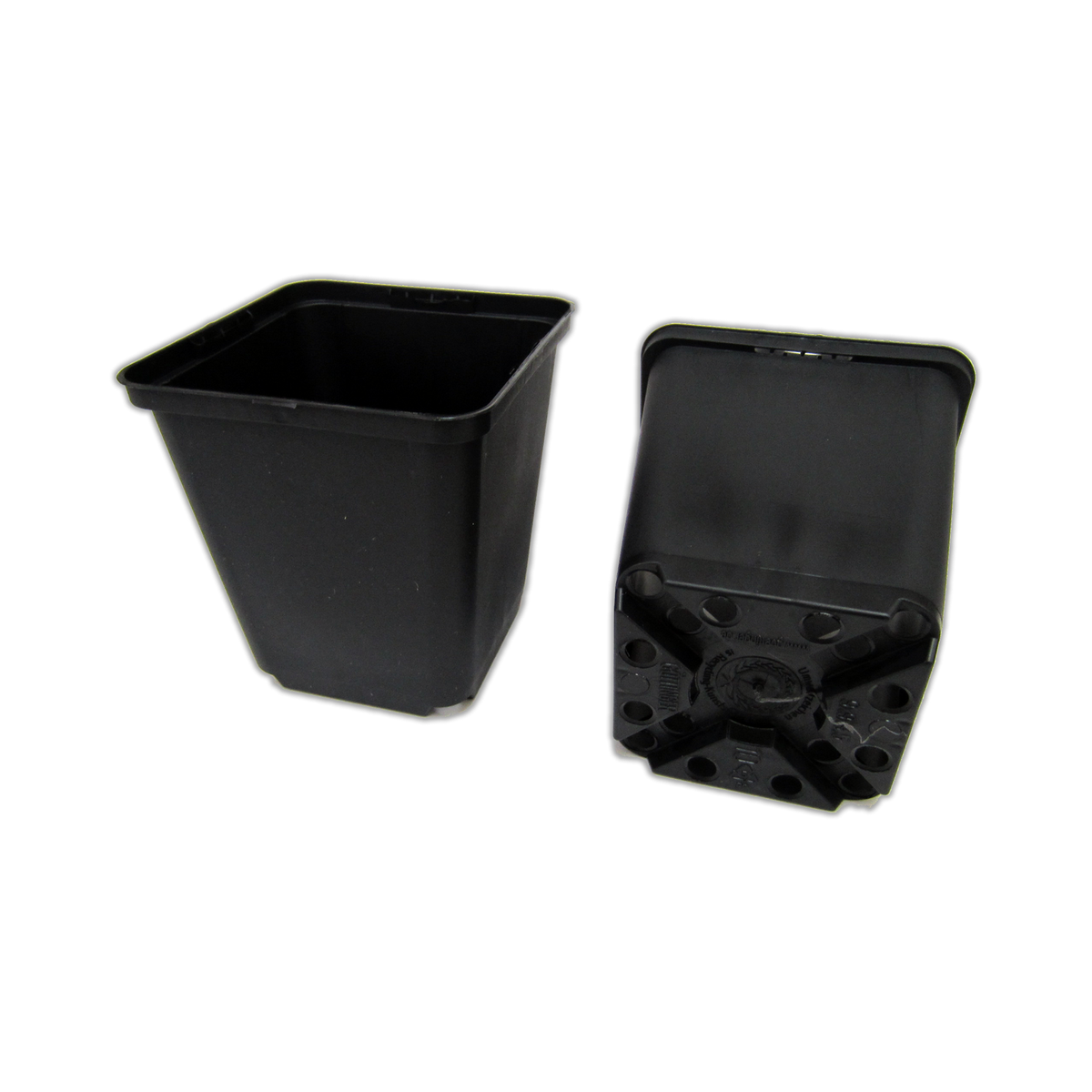 Vierkant-Anzuchttopf 7 × 7 × 8 cm in zwei Ansichten: Oberseite und Bodenlochung.