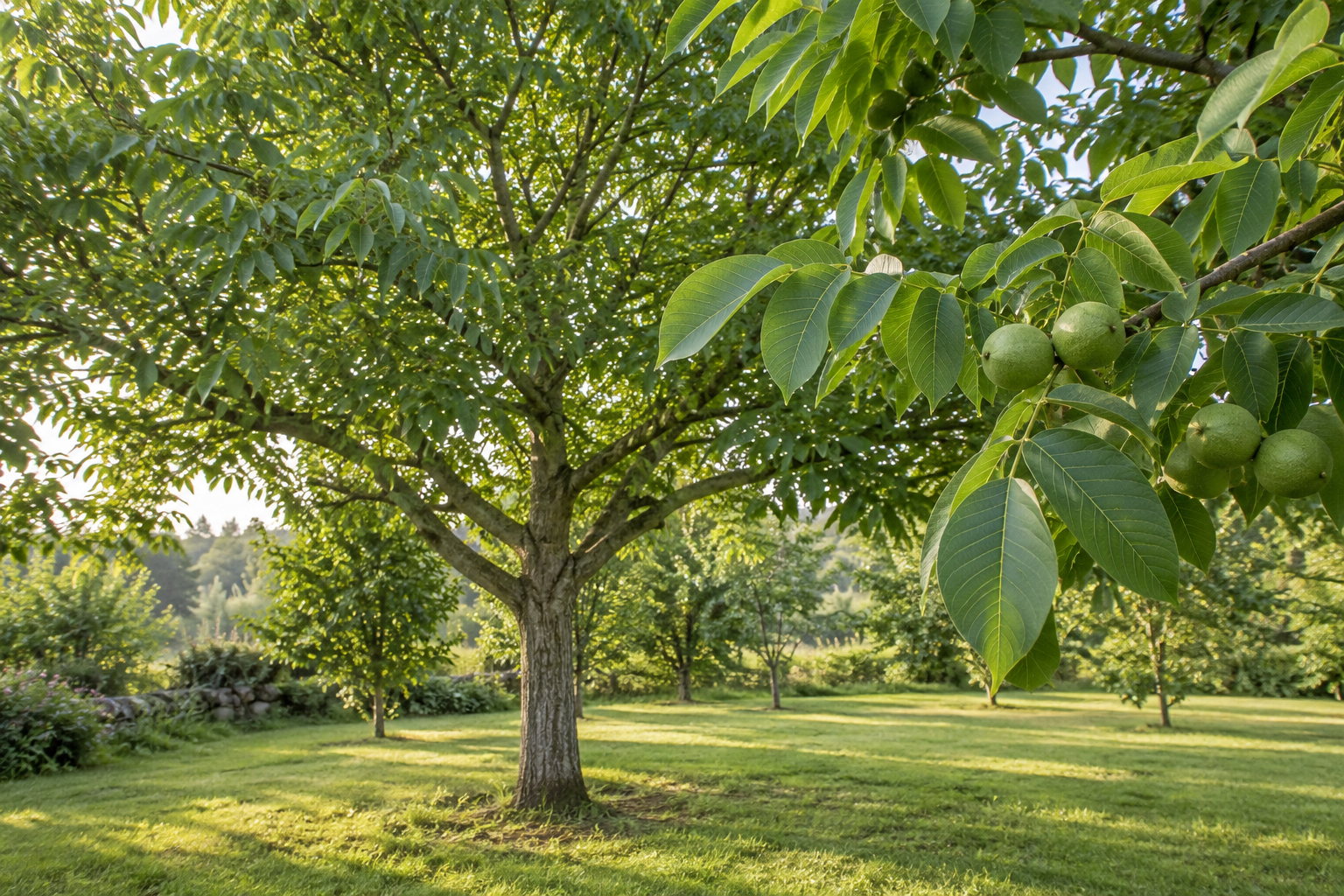 Walnut tree with pinnate leaves and green walnut husks in a garden