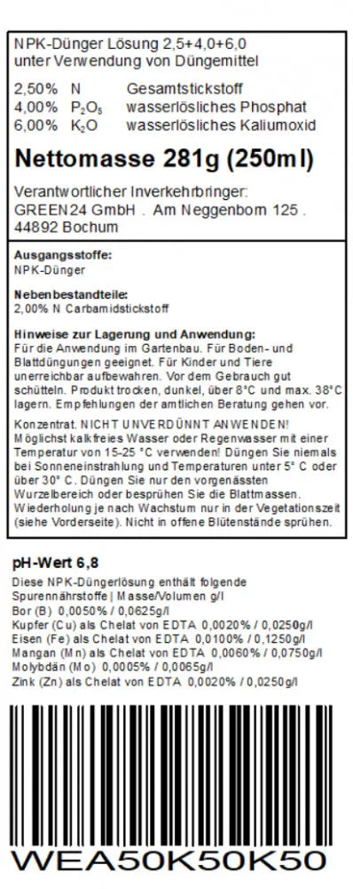Rückseitendeklaration Weihnachtsstern-Dünger Pro