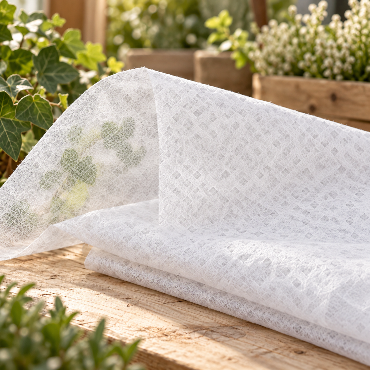 Lightweight white M170 garden fleece shown as a folded material sample.