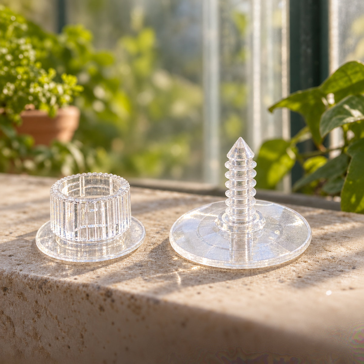Transparenter zweiteiliger Klebe-Folienhalter mit bis zum Sockel durchgehendem Kunststoffgewinde und Schraubabdeckung.