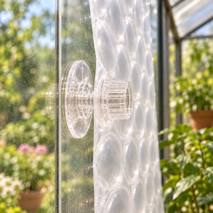 Anwendungsbeispiel: Klebe-Folienhalter befestigt lichtdurchlässige Isolierfolie an einer glatten Glasscheibe; Folie und Halter separat erhältlich