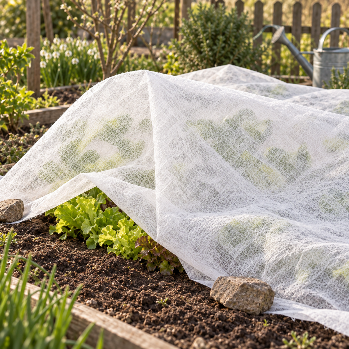 Application example of lightweight M170 garden fleece over young plants in a bed; plants and fixing materials not included