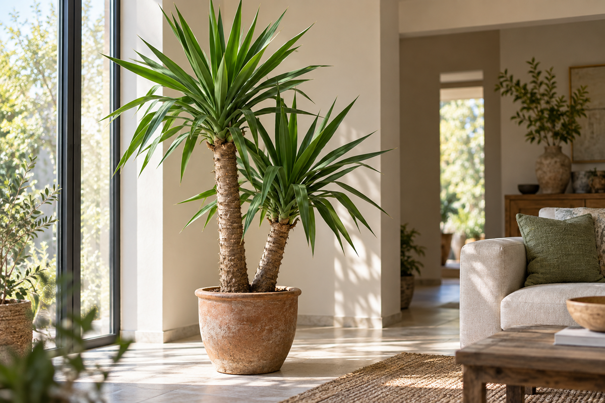 Yucca gigantea als Zimmerpflanze mit Stamm und Schwertblättern