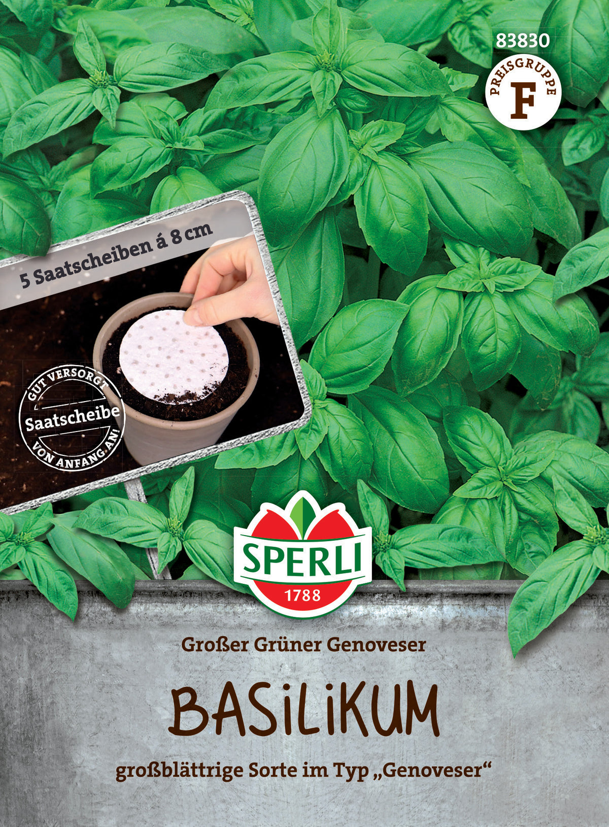 SPERLI Basilikum Großes Grünes Genoveser – Saatscheiben – Originalpackung, Vorderseite