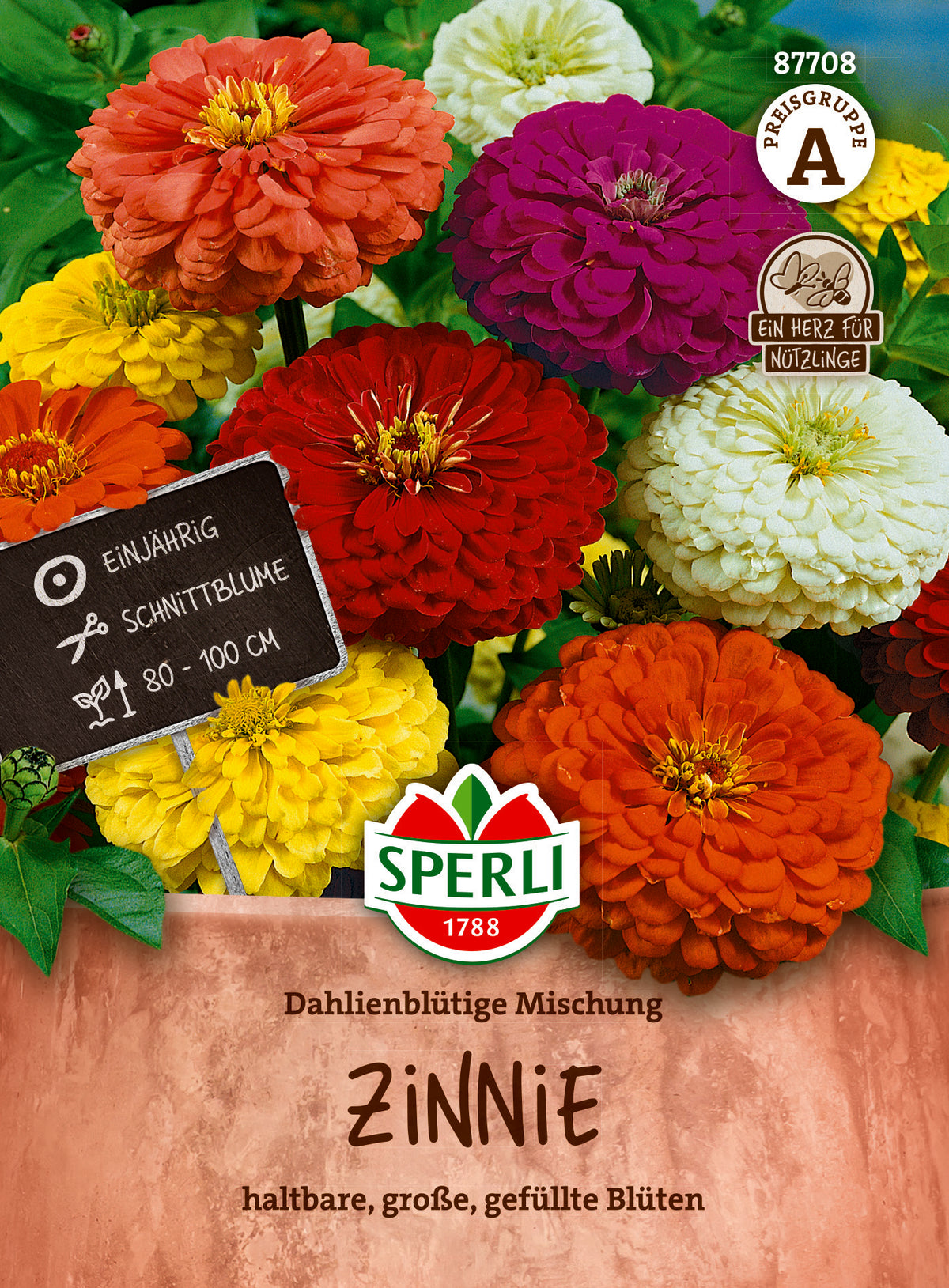 SPERLI Zinnien Dahlienblütige Mischung – Originalpackung, Vorderseite