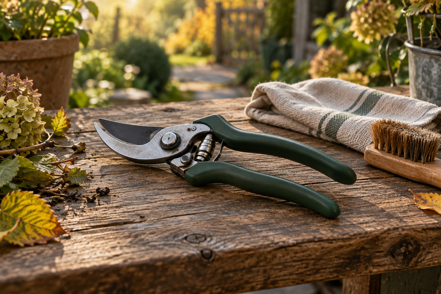 KI-generiertes Symbolbild: Unmarkierte Gartenschere mit dunkelgrünen Griffen neben Reinigungstuch und Bürste auf einer Holzarbeitsfläche im Garten.