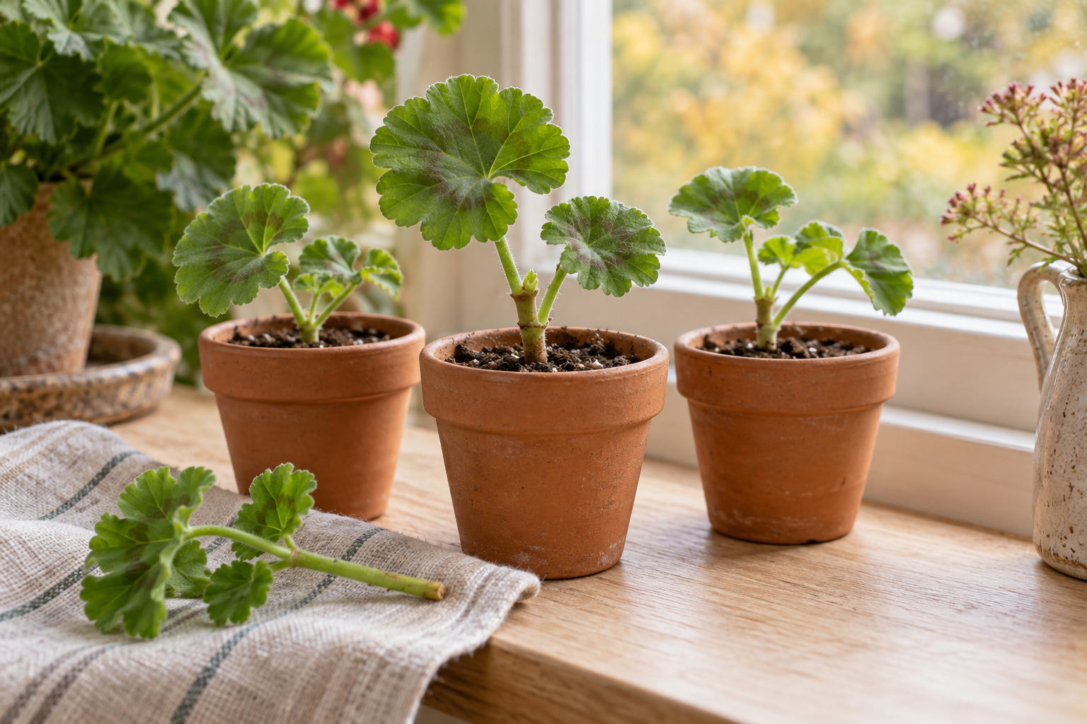 KI-generiertes Symbolbild: Drei Pelargonienstecklinge in kleinen Terrakottatöpfen am Fenster, daneben ein vorbereiteter Trieb auf einem Tuch.