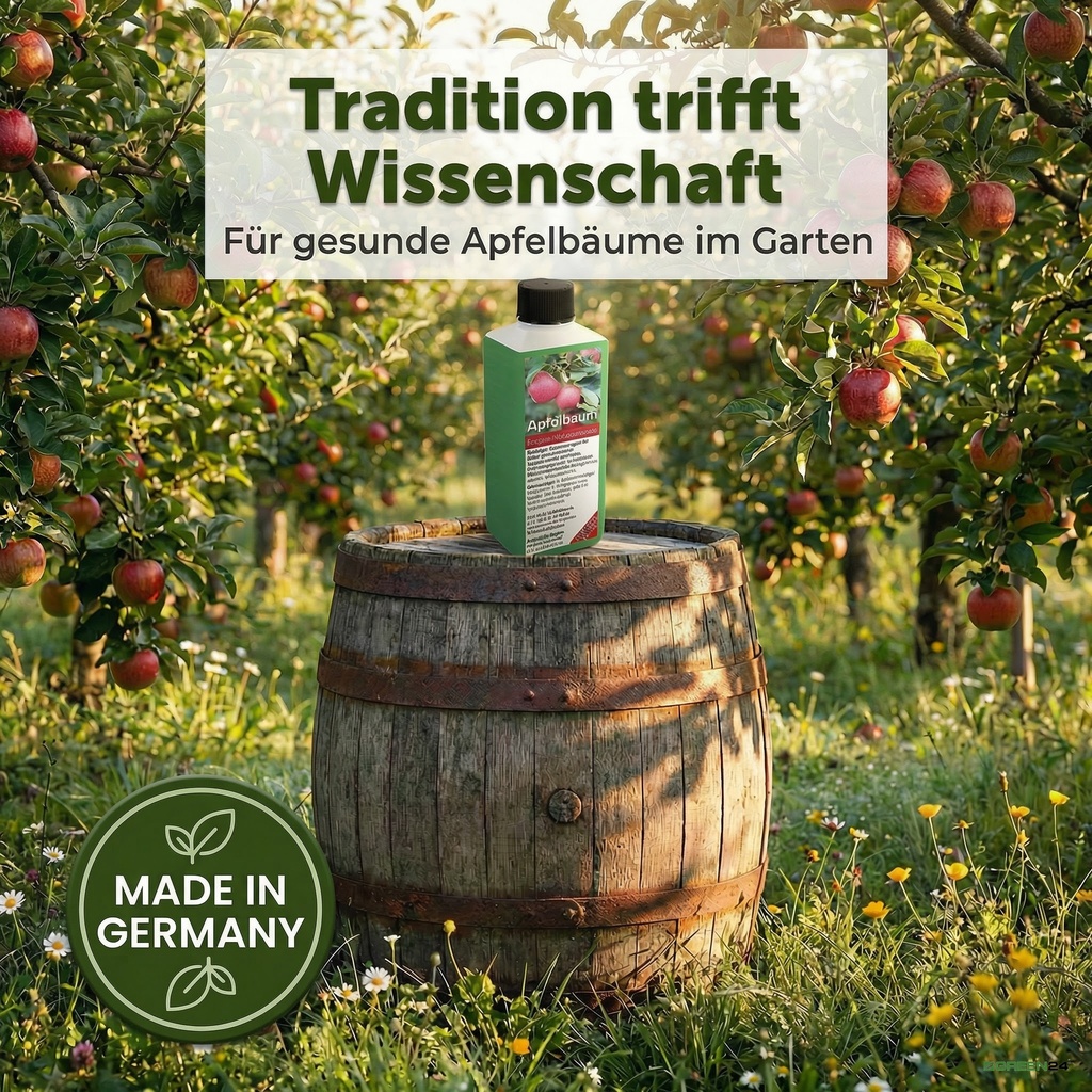 Obstgarten mit gesunden Apfelbäumen und roten Früchten - Dünger Made in Germany