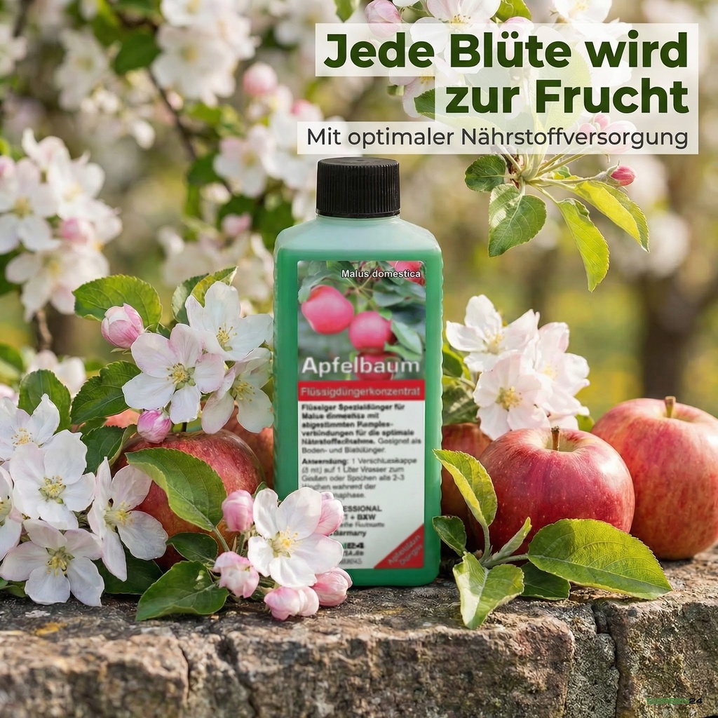 Apfelbaum-Dünger für Apfelblüten, grüne Blätter und reife Äpfel
