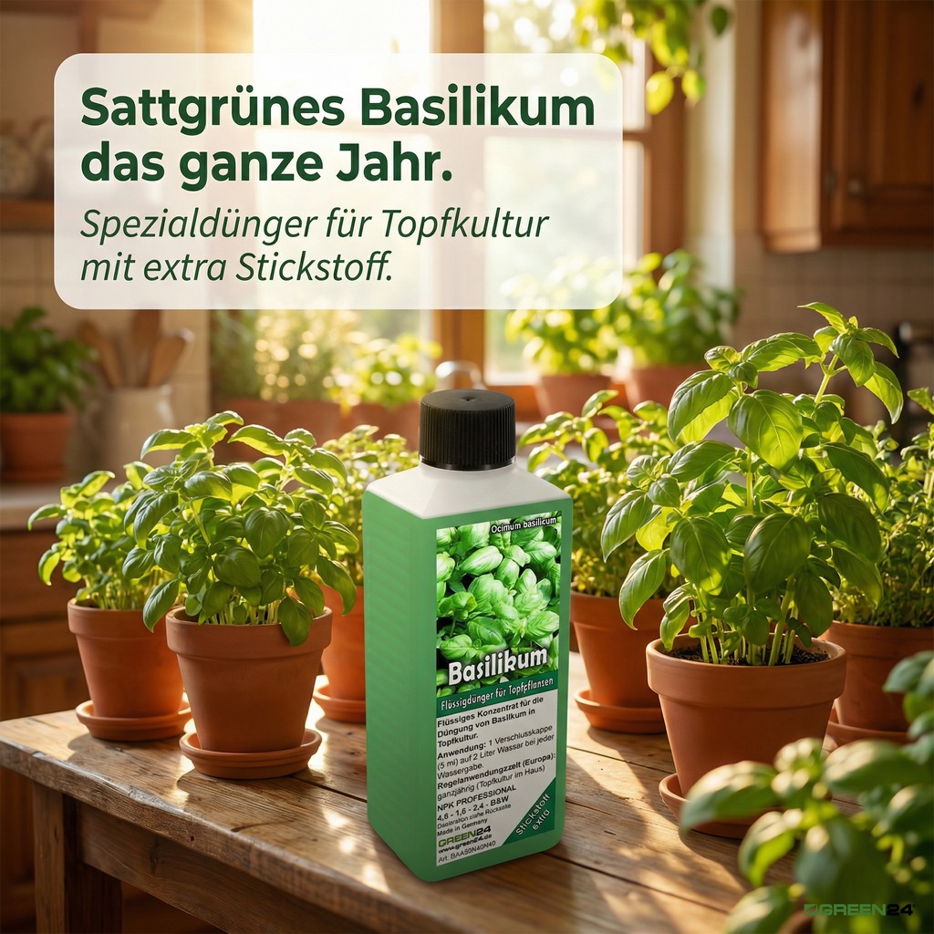 Basilikum-Dünger Pro 250ml mit Basilikumpflanzen in Töpfen