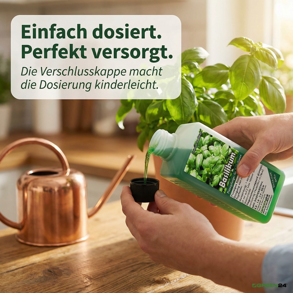 Basilikum-Dünger wird in die Dosierkappe zum einfachen Gießen gefüllt