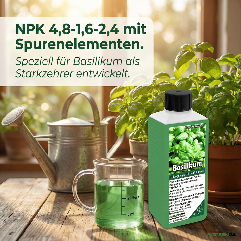 Düngeranwendung für Basilikum mit Hinweis auf Wachstum und NPK-Formel