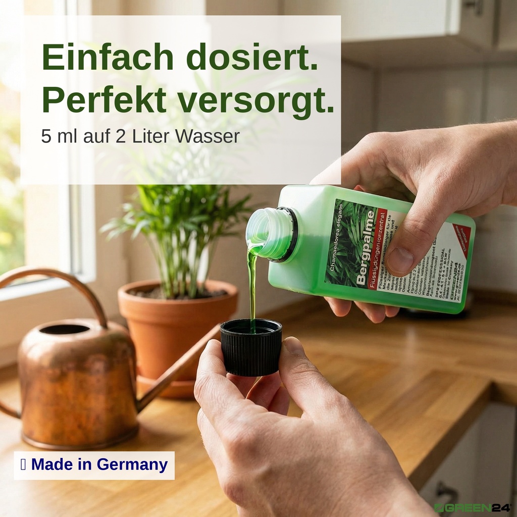 Bergpalmen-Dünger Dosierung mit Verschlusskappe – 5 ml auf 2 Liter Wasser, Made in Germany